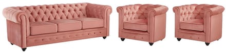 Vente-unique Driezitsbank en 2 fauteuils CHESTERFIELD - velours - pastelroze