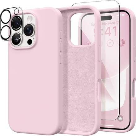 Solid hoesje Soft Touch Liquid Silicone Flexible TPU Rubber + Screenprotector - Camera Lens - Geschikt voor: iPhone 16 Pro - Lichtroze