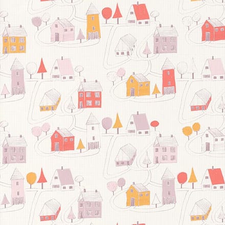 Casadeco kinderbehang Happy Dreams dorp roze koraal