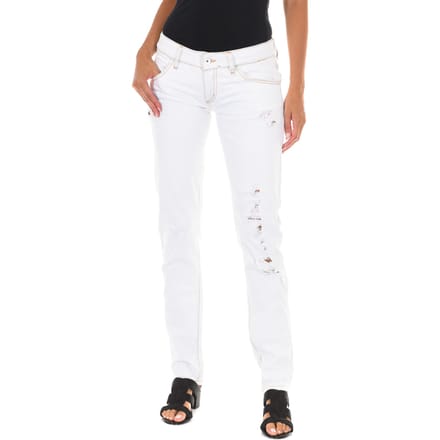 Lange denim broek met gescheurd effect en smalle zomen E014152 vrouw
