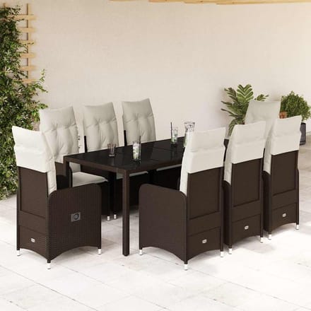 vidaXL - 9-delige - Bistroset - met - kussens - poly - rattan - bruin