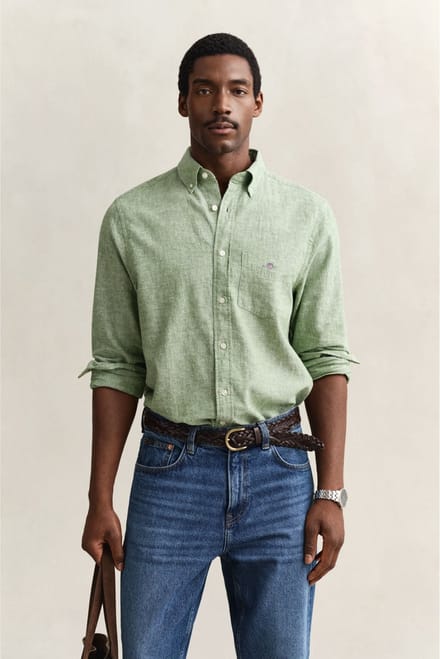 Gant Overhemd Cotton Linen Groen - Maat M - Heren - Overhemden Casual