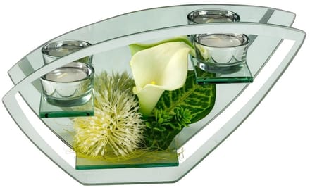 Glazen decoratie met bloemen wit/groen en 2 theelichtjes