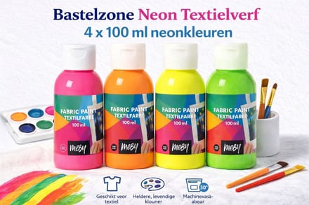 Bastelzone Neon Textielverf Set - 4 neon kleuren, 100 ml per flesje - Machinewasbaar