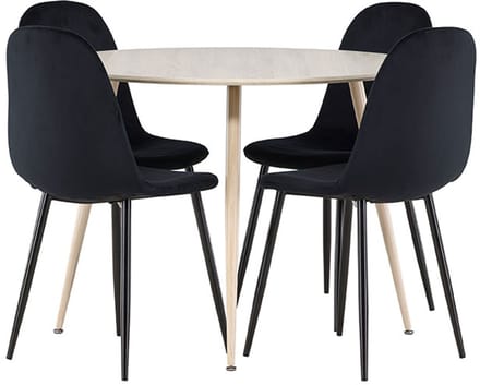 Plaza eethoek tafel Ø100cm en 4 velours stoelen whitewash.