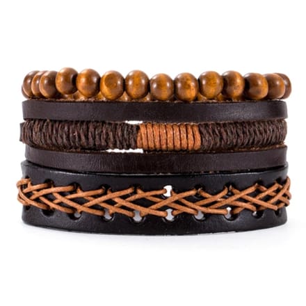 Heren armbanden Set Bruin Leer Touw Kralen