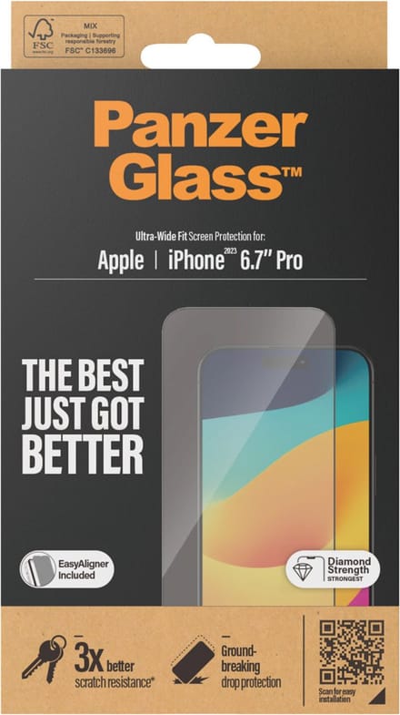 PanzerGlass Screenprotector geschikt voor Apple iPhone 15 Pro Max Glazen | PanzerGlass Ultra-Wide Fit Screenprotector - Case Friendly + Installatie Frame - Zwart