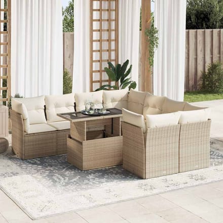 vidaXL - 9-delige - Loungeset - met - kussens - poly - rattan - beige
