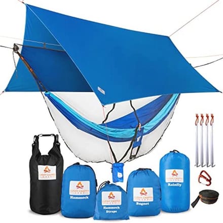 Premium hangmat met regenvlieg, insectennet en boombanden - compleet kampeerhangmatsysteem