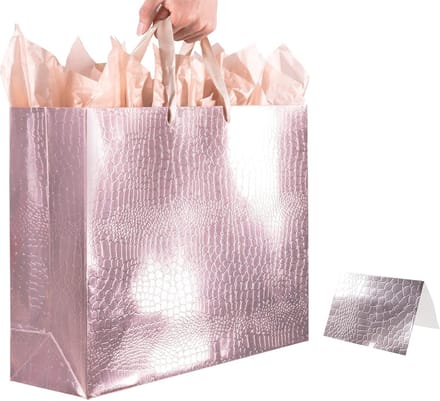Luxe Cadeauzak met Tissuepapier en Kaart Alligatorpatroon Roségoud Groot Formaat