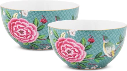 Pip Studio Blushing Birds Ontbijtkommen - Blauw - Porselein - Set van 2 - 15cm