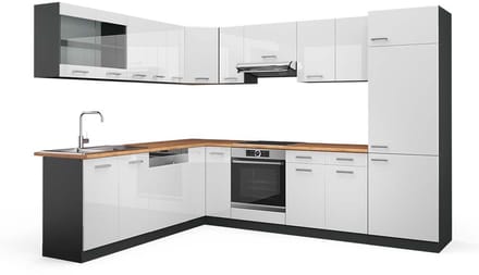 Vicco Hoekkeuken R-Line, Wit Hoogglans/Antraciet, 287 x 227 cm, WB Eik
