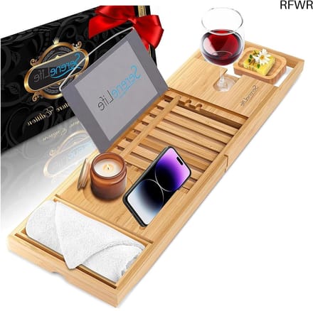 RFWR® Bamboe Badkuiptafel met Luxe Cadeaubox – Uitschuifbare & Verstelbare Badplank met Opbergvakjes