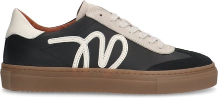Manfield - Dames - Zwarte leren sneakers met suède details - Maat 39