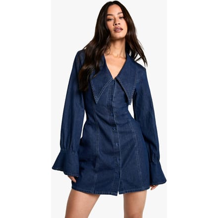 boohoo Dames Tall Collar Detail Denim Shift Dress | Blue | Maat: 6