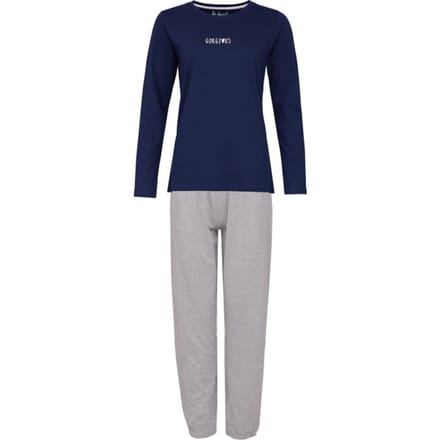 By Louise Dames Pyjama Set Lang Katoen Donkerblauw / Grijs Gestipt - Maat M