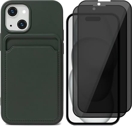 Hoesje Pasjeshouder geschikt voor iPhone 15 Plus - 2x Privacy Screenprotector FullGuard - Siliconen Case Back Cover Groen & Screen Protector