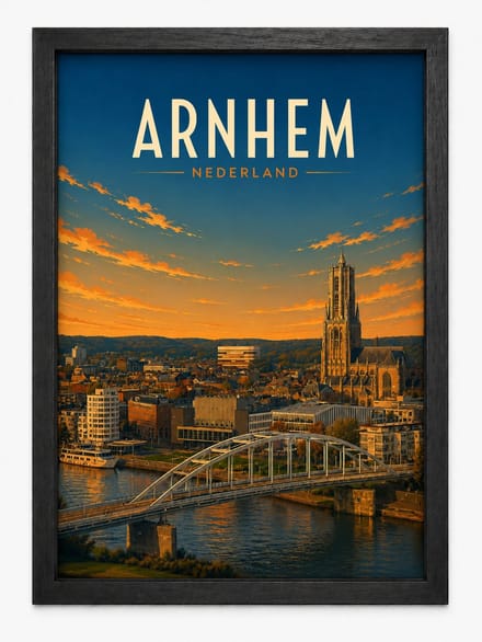 Arnhem Poster | Retro Stadsillustratie Skyline | Inclusief Zwarte A4 Lijst