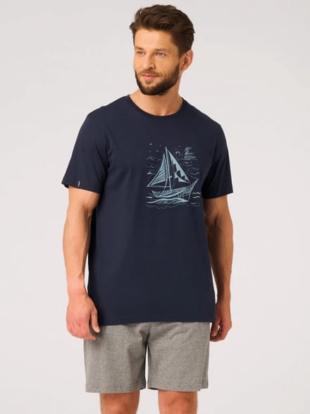 Key Katoenen Heren Pyjama Korte Mouw Print Navy Grijs MNS 731 L