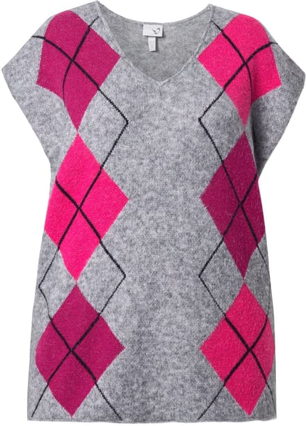 Ulla Popken - Dames - Slipover V-hals ruitmotief mouwloos - Grijs melange - Maat 46+
