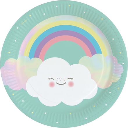 Amscan Feestbordjes wolken - 8x stuks - D23 cm - geboorte - babyshower - regenboog - karton