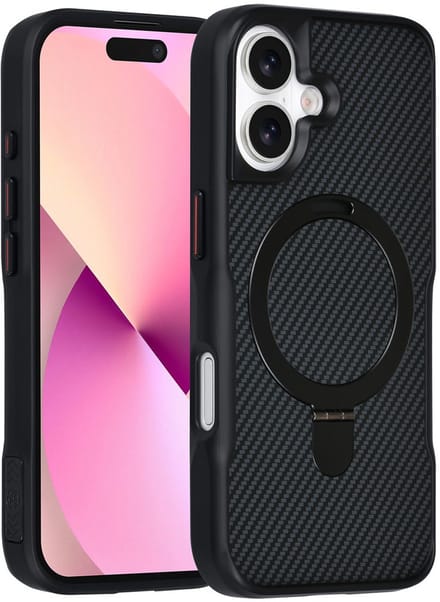 TUNIQ Back cover voor iPhone 17 - MagSafe - Ringstand - Carbon Fiber - Zwart