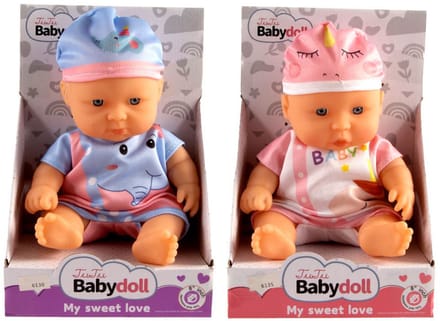 Babypop klein kleur popje kunststof pyjama mutsje speelgoed.