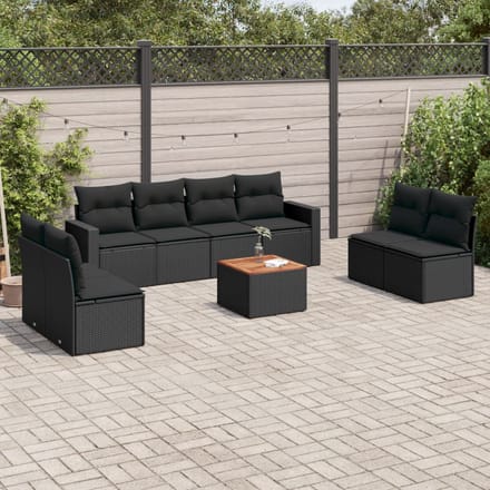 vidaXL - 9-delige - Loungeset - met - kussens - poly - rattan - zwart