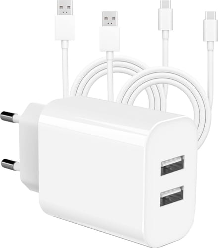 USB Adapter met 2x USB-C Kabel - 2 Meter - Wit - Oplader & Oplaadkabel voor S21,Tab S7,Tab A8,Tab S6 Lite, A52, A53, A51, A13, S22, S21, S10 - Combi pakket