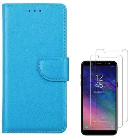 hoesje Geschikt voor: Samsung Galaxy A6 + Plus 2018 Portemonnee Turquoise met 2 stuks Glas Screen protector