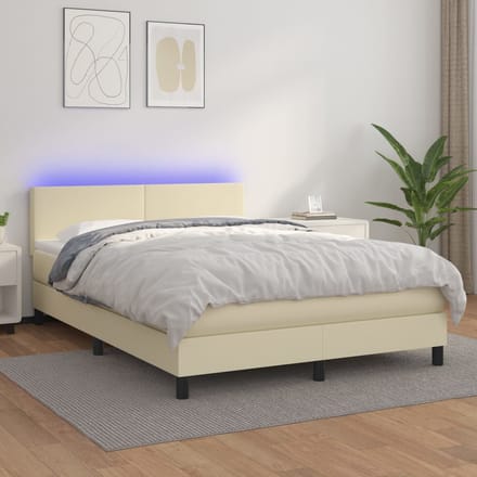 vidaXL - Boxspring - met - matras - en - LED - kunstleer - crèmekleurig - 140x190 - cm
