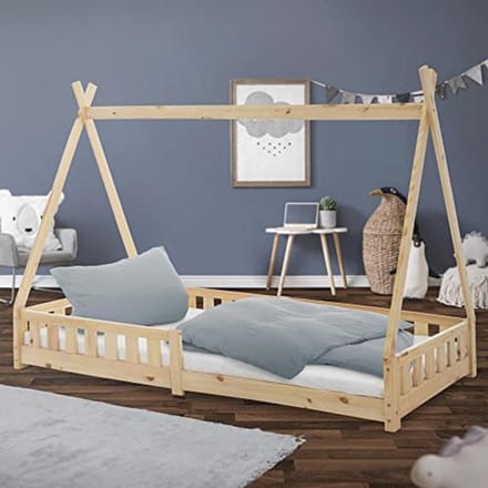 Kinderbed Tipi 90x200 cm - Natuurlijke Houten Kinderbed met Valbeveiliging