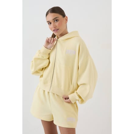 Dames Dsgn Studio Collegiale Applique Boxy Crop Hoodie Met Rits | Citroen | Maat: Medium