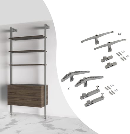 Emuca Kit van Beugelset voor 3 houten planken en 1 module voor Zero structuur, Zamak, Getextureerd zwart geverfd