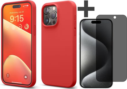 Hoesje met Privacy Screenprotector Geschikt voor iPhone 15 Pro Max Hoesje Siliconen - liquid case - Arara Backcover - Rood