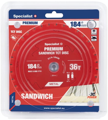 184x36Tx20/16mm TCT Cirkelzaagblad Sandwichpanelen & Dun Metaal | PREMIUM