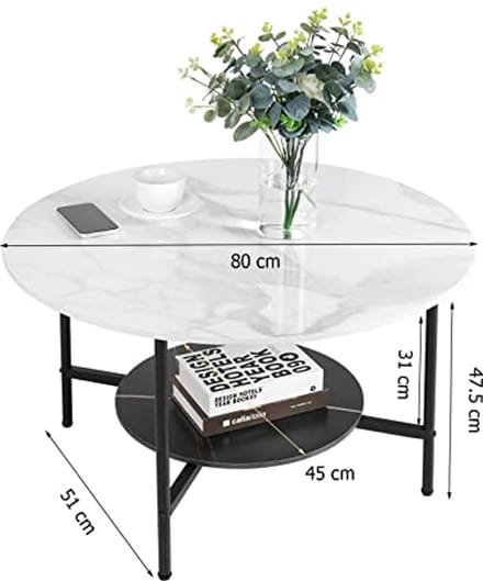 Moderne Salontafel Rond 80 cm - 2-laags Gesinterde Steen met Hoogglans Tafelblad en Mat Zwart Frame