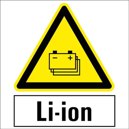Pas op gestapelde batterijen sticker met tekst LI-ION 100 x 100 mm