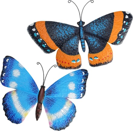 Tuin/wand decoratie muurvlinders - set 2x - metaal - blauw - 31 x 23 cm