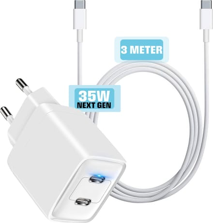 Snellader usb C - 3 Meter - Usb C Stekker 2 Poorten - Usb C naar usb C - 35w - GaN - Snel - Klein - Lange usb C Kabel - Gecertificeerd