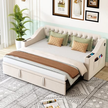 REDOM Bedframe 90x190 cm – Fluweel beige – Slaapbank met opbergruimte, USB & Type-C