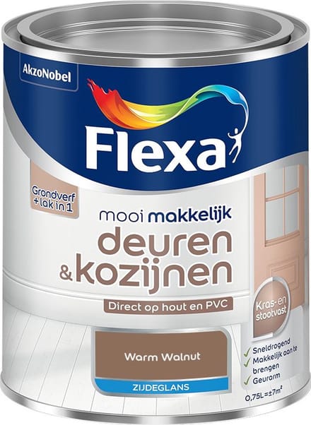 Flexa - Mooi Makkelijk Deuren & Kozijnen Zijdeglans - Warm Walnut - Mengverf - 750 Ml