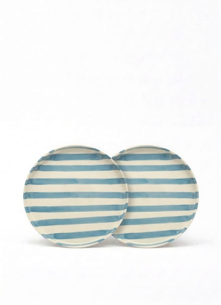 vtwonen - Borden - Lunchbord - Strepen - Blauw - Set van 2 - Keramiek - 20cm