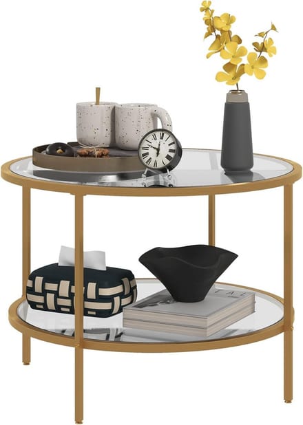Ronde bijzettafel met opbergplank, gehard glas en stalen frame