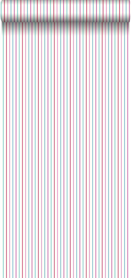 ESTAhome behang strepen roze en turquoise - 53 cm x 10.05 m - 137305
