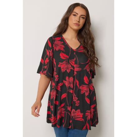 Yours Rode Geplooide Top Met Bloemenprint Aan De Voorkant Size 48
