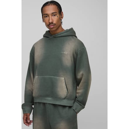 Oversized Boxy Spray Wash Men's Sport Geborduurde Hoodie | Olive | Size Medium