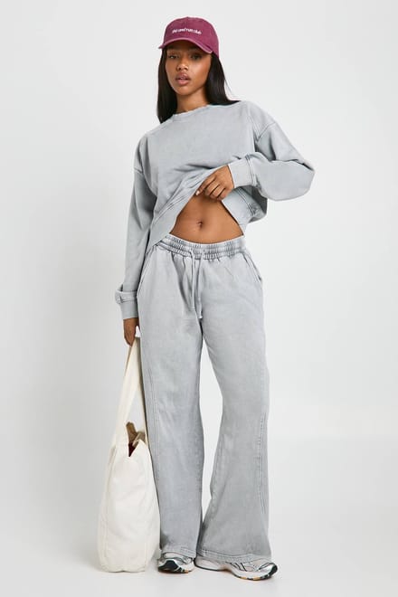 boohoo Dames Gewassen geribbelde detail rechte pijp trainingspak | Houtskool | Maat: Medium