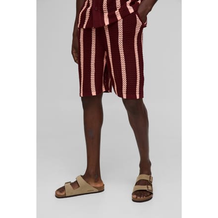 Relaxte pasvorm lange snit open steek gestreepte gebreide shorts | Burgundy | Size Medium
