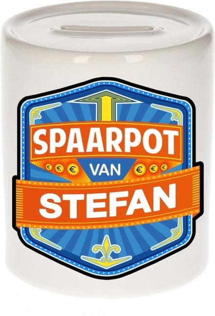 Bellatio Decorations Kinder spaarpot met naam - Stefan - keramiek - met dop - wit - Sparen - Spaargeld van Stefan